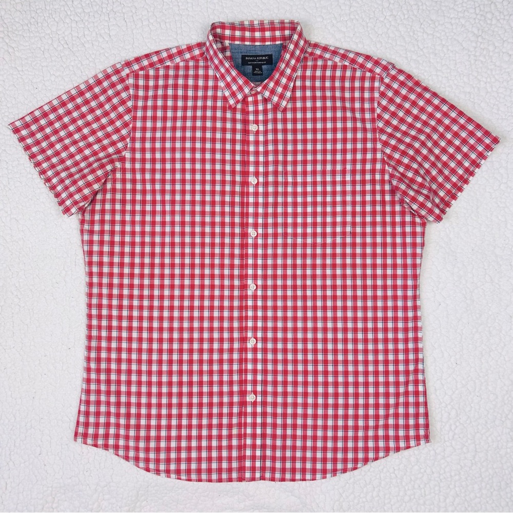 Banana Republic Soft Wash Standard Fit Shirt Men's XL Red White Plaid Pocket
